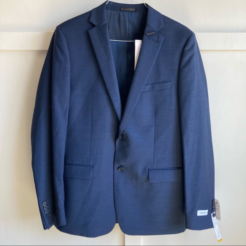 NWT Calvin Klein Blue Wool Skinny Fit Milo Long Suit Coat Sz 44 Long